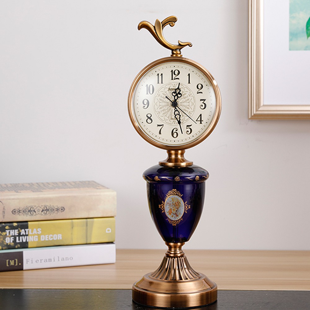 LUXURY TABLE CLOCK WITH BLUE HAND PAINTED ART & BRONZE 6809A-1
