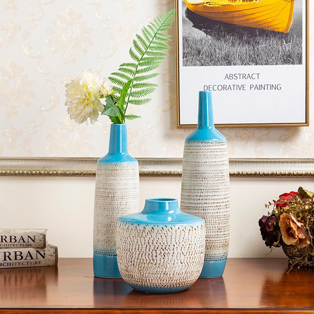 Modern Blue Ceramic Vase Set with Rough Texture B117