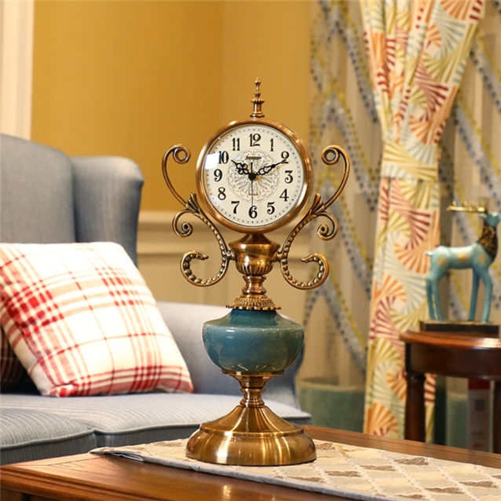 LUXURY BRONZE TABLE CLOCK WITH LIGHT BLUE FINISH & SIDE PATERNS 6828-1