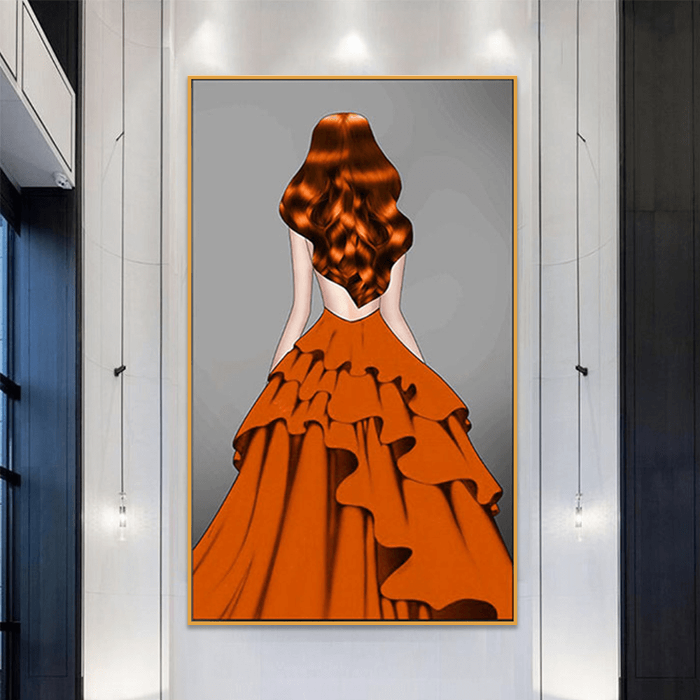 wall art with Aluminium Frame -decorative lady in orange dress