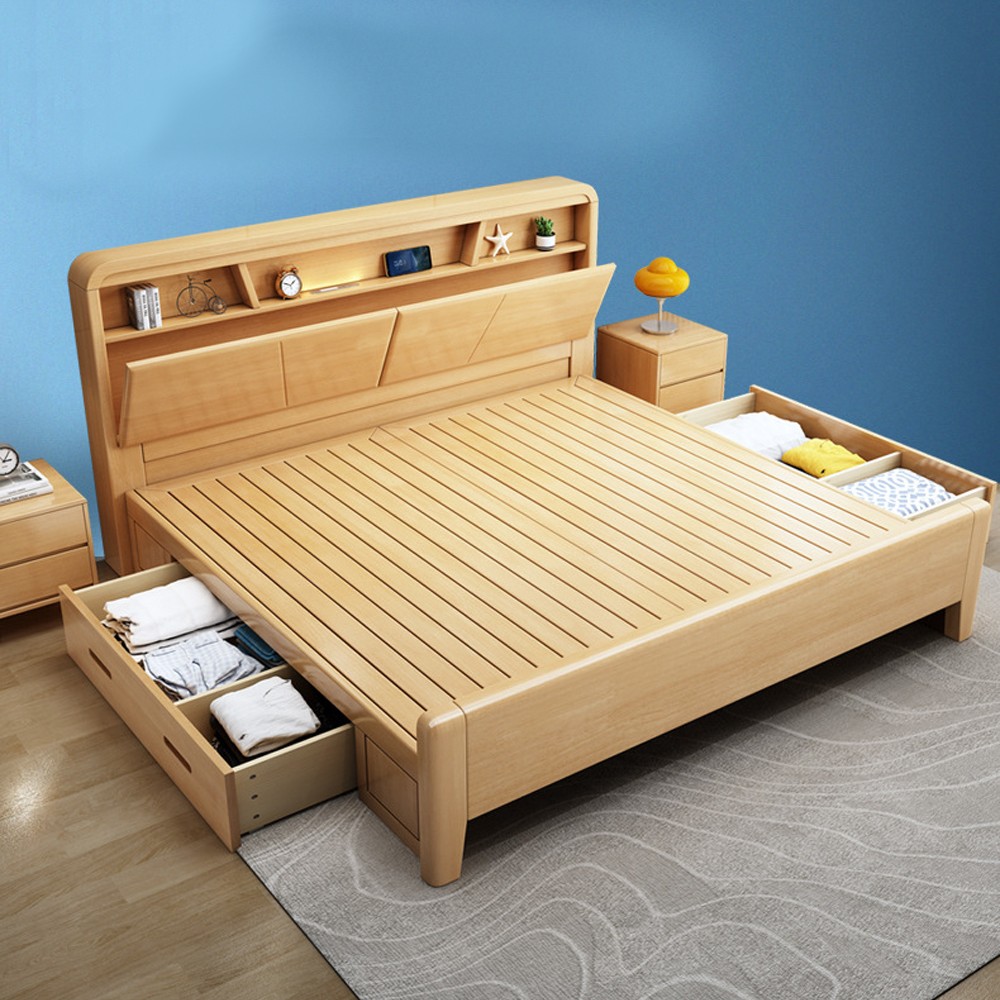 BK-B1.5 Light Wood Bed Frame Side Drawers / 1500cm x 2000cm