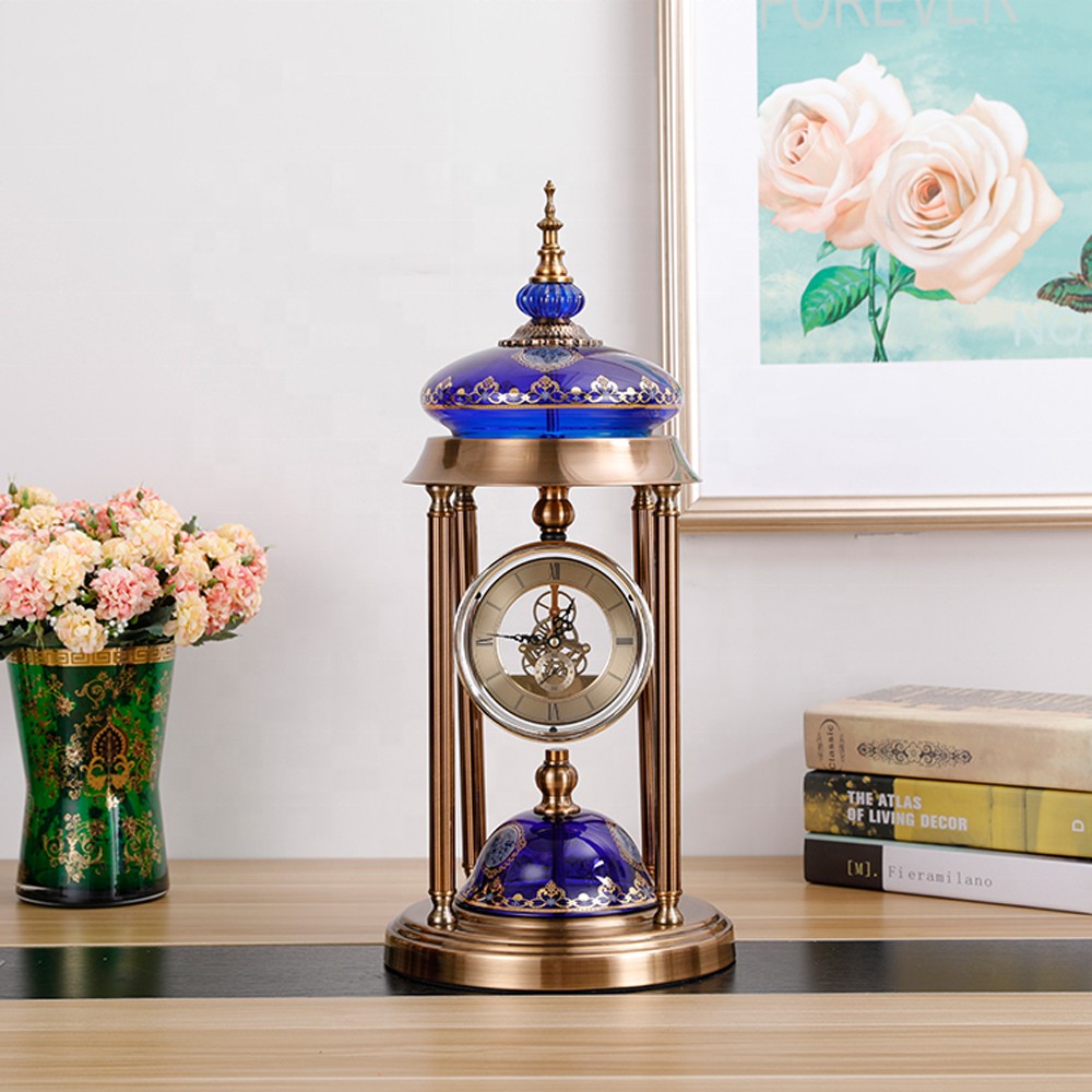 LUXURY SILENT TABLE CLOCK WITH BLUE HAND PAINTED BASE & TOP 6888A-1
