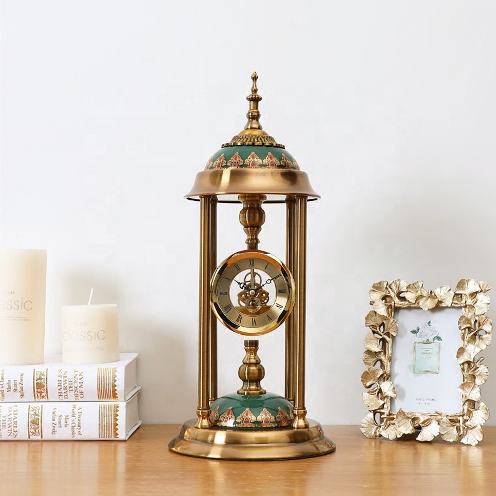 LUXURY TEMPLE STYLE SILENT TABLE CLOCK GREEN HAND PAINTED BASE AND TOP 6818-1