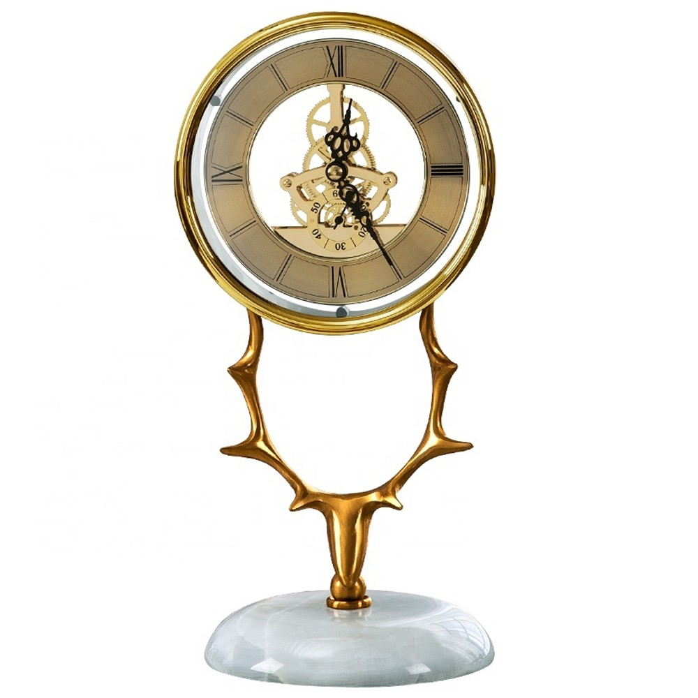 LUXURY TABLE CLOCK WITH GOLD DEER HEAD & WHITE BASE 6921-1