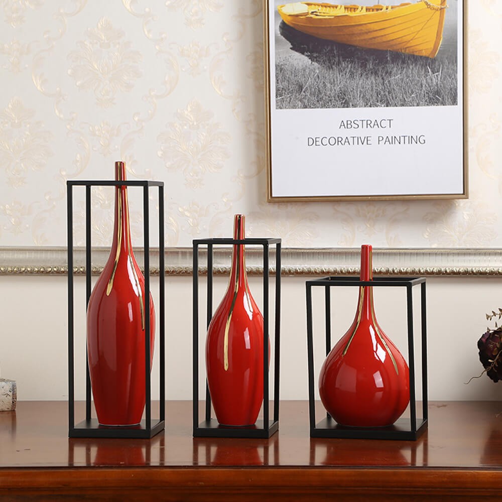 Modern Red Ceramic Vase set of 3 With Gold Stripes B-20