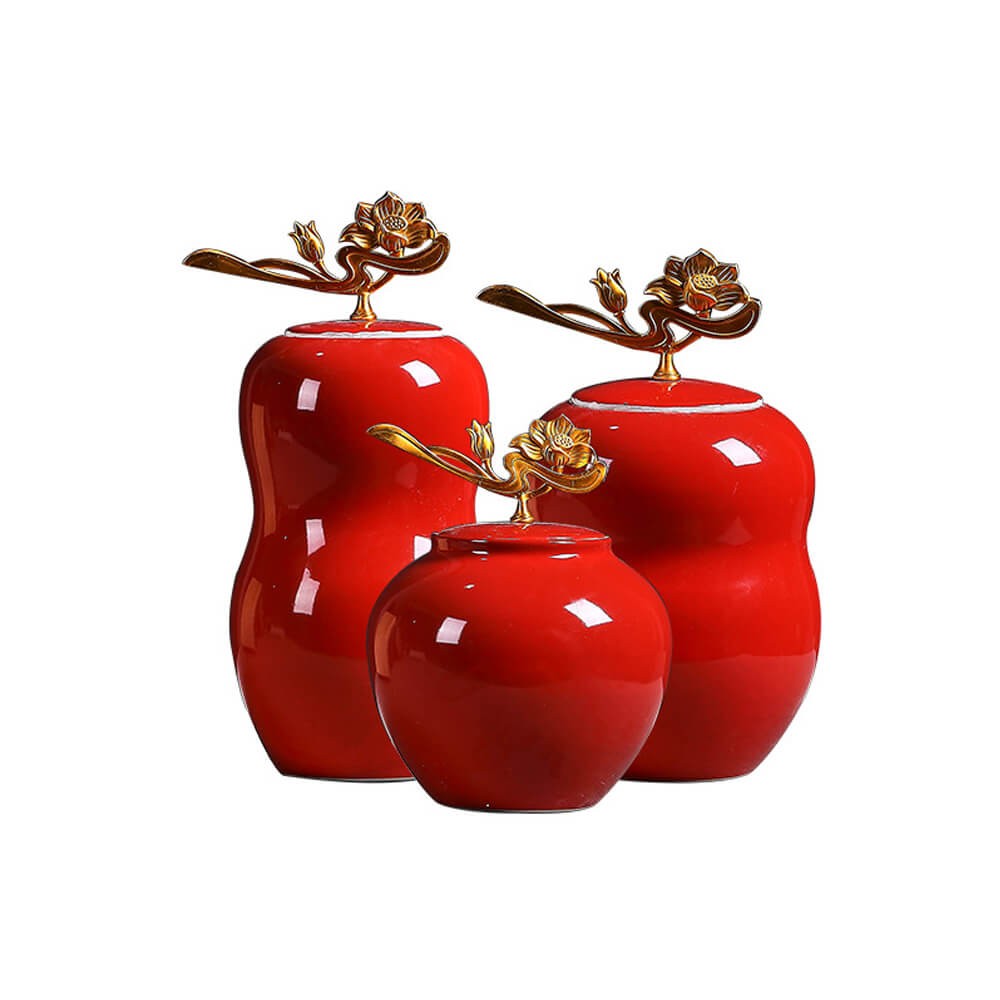Modern Candy Apple Red Set of 3 Ceramic Vases With Gold Flower Handel B-13